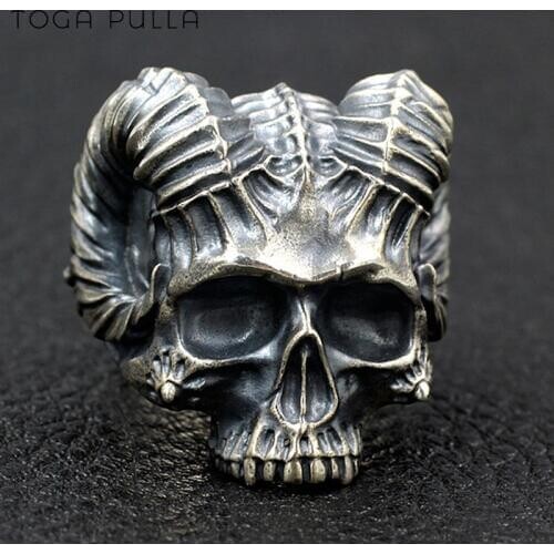 Unique Horned Devil Skull Ring Men Boys Gothic 316L Stainless Steel Biker Skull Rings Cool Punk Rock Satan Jewelry Gift