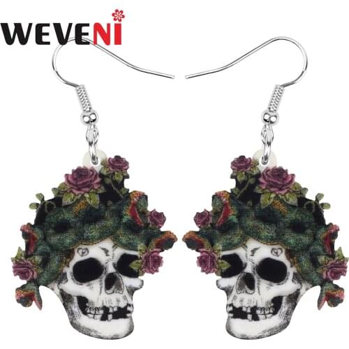 WEVENI Acrylic Halloween Skeleton Earrings Print Big Long Skull Dangle Drop Jewelry For Women Girls Teen Novelty Gift Decoration