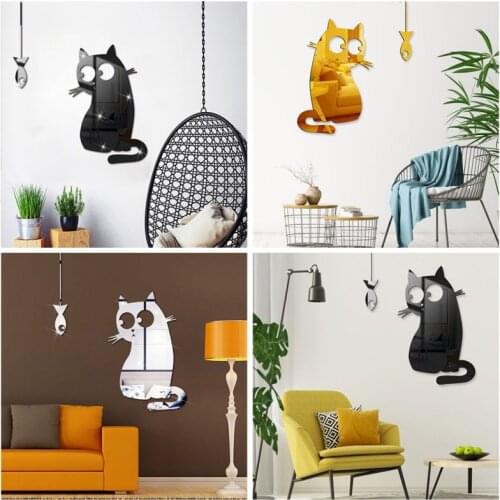 Funny Acrylic Mirror Wall Sticker Hungry Cat See The Fish For Kids Rooms Home Decor 3D Cat Wall Decal Kitchen Stickers #2
