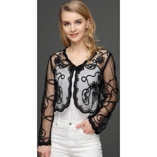 Women Summer Long Sleeve Bolero Jacket Thin Perspective Shawl Shrug Top Pearl Button V Collar Mesh Embroidery Lace Cardigans