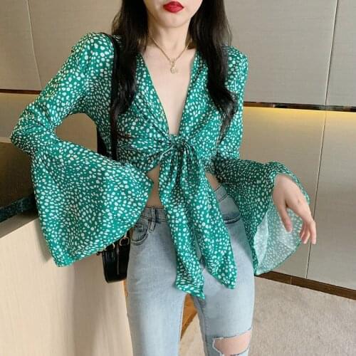 Women Summer Long Flare Sleeve Blouse Shirts Vintage Dot Floral Female Sexy Short Tops Casual Holiday Lady Lace-Up Boho Blouse