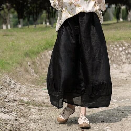 Johnature Women Black Ramie Skirts Patchwork Vintage Elastic Waist 2021 Summer New High Quality Female Clothes Bud Skirts