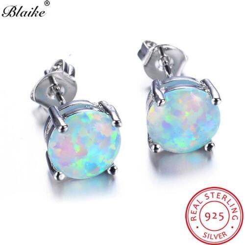 Blaike 100% 925 Sterling Silver White Fire Opal Stud Earrings For Women Fine Jewelry 8MM Round Stone Studs Birthstone Earrings