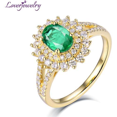 LOVERJEWELRY Women Emerald Rings Solid 18k Yellow Gold Natural Oval Emerald Gemstone SI Diamonds For Female Engagement Gift Ring