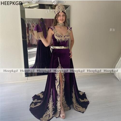 Dubai Mermaid Purple Evening Dress Sweetheart Gold Lace Velvet Formal Dresses Customize Arabic Women Prom Gowns Robe De Soiree