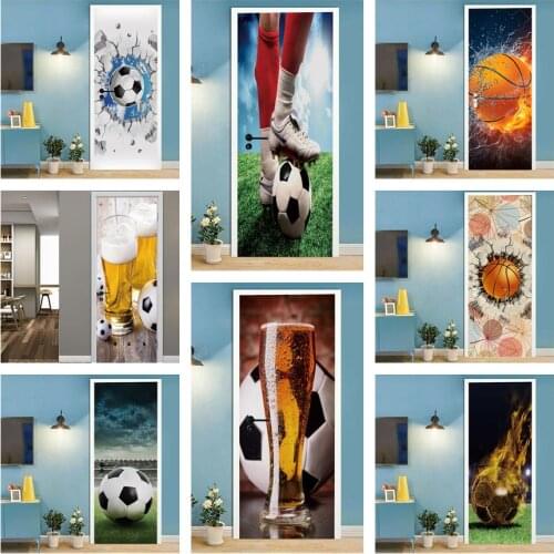 Football Basketball 3D Wallpaper Door Sticker Bedroom Decoration Self-Adhesive Poster Wall Decal Removable Murals Deurstickers