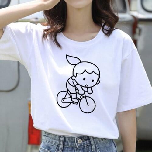 90S Cute Cartoon Bycle Printed Summer Casual Women T shirts Casual Short Sleeve O Neck T-shirt Fashion Ladies Shirt Tops