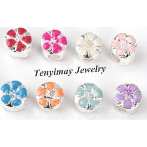 Enamel Flower Big Hole Beads 9x11mm Silver Tone European Charm Beads 100pcs Free Shipping
