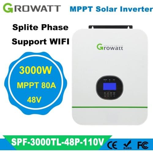 Growatt 3KW 48V Hybrid Solar Inverter Split Phase MPPT Solar Inverter Pure Sine Wave Integrated 80A MPPT Output Voltage 110-120