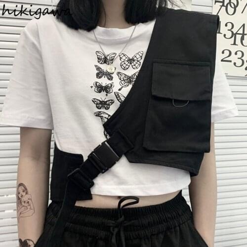 Hikigawa Black Solid Gothic Vest for Women Short Irregular Womens Clothes Men Tops Outerwear Coat Female Hip Hop Harajuku Vests