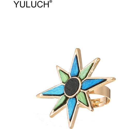 YULUCH Ethnic African Indian Golden Metal Settings Blue Green Wooden Adjustable Big Rings For Women Lady Party Fashion Jewelry