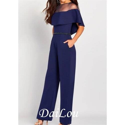 Pantsuit / Jumpsuit Mother of the Bride Dress Elegant Illusion Neck Floor Length Satin Chiffon Short Sleeve with Sash/Ribbon2021