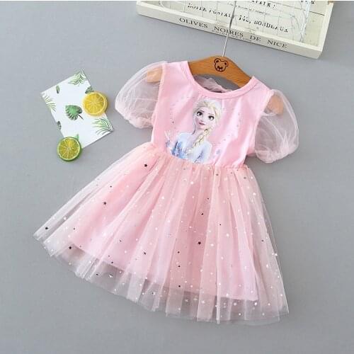 Summer Girl Dress 2021 Fashion Childrens Cartoon Fairy Tale Princess Dress Girl Short Sleeve Party Elsa Fluffy Gauze Dresses