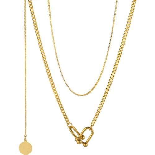 316L Stainless Steel Fashion Double-layer Necklace Spliced Cuban Chain U-shaped Pendant Color-preserving Exquisite Necklac