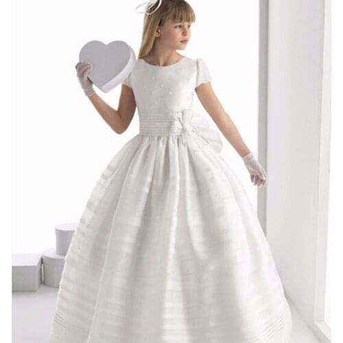 Fashion Flower Girl Dresses Charming white ivory Short sleeve Satin Floor Length Girls Pageant Dresses First Communion Dresses