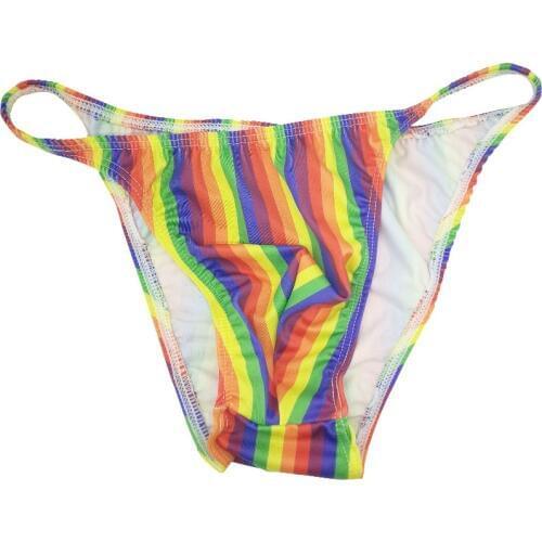 Gay Mens Underwear String Bikini Stripe Nylon Narrow Waist Rainbow Penis Pouch Underwear Men Stripes Swimsuit Fabric