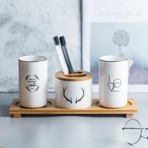 Ceramic Bathroom Accessories Set Soap Dispenser Cup Toothbrush Holder With Bamboo Tray Couples Tooth Mug Cup Set