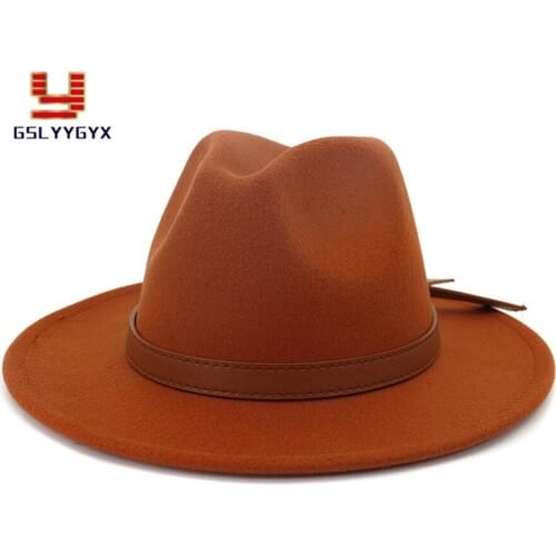 Flat Wide Brim Woolen Felt Fedora Hat Fall Women Men with Leather Belt Adjustable Solid Jazz Panama Top Hat Caps