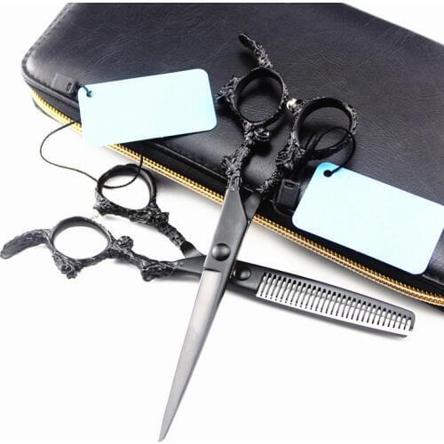 Professional japan 440c 5.5 6 inch black dragon hair scissors cutting barber makas haircut thinning shears hairdressing scissors
