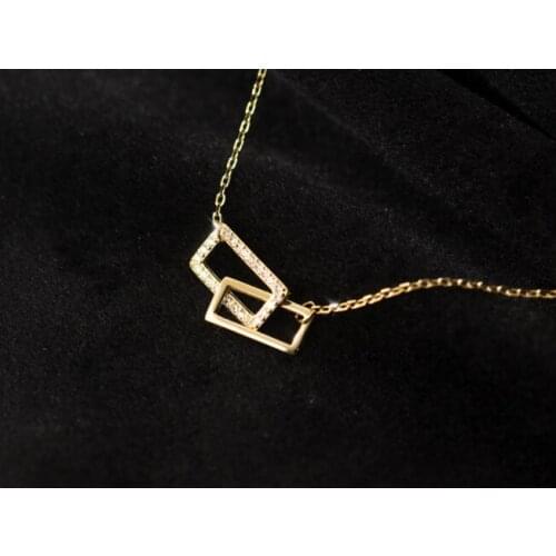 Real. 925 Sterling Silver Jewelry Interlocked Double Square CZ Set Geometric Pendants / Necklace C-D7755