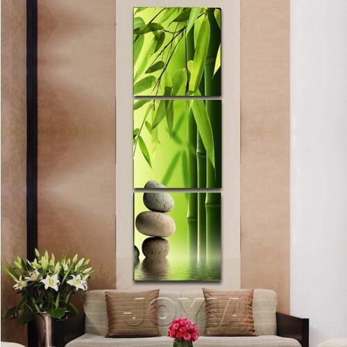 3 Piece Modern Paintings Canvas Prints Green Bamboo And Stone Wall Pictures For Living Room Home Decor Green Fabric Art No Frame