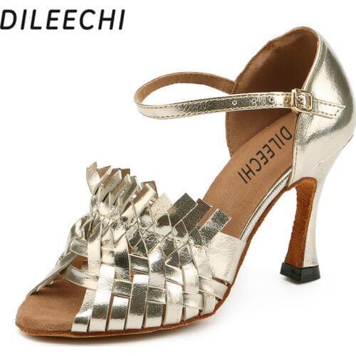 DILEECHI Latin dance shoes light gold PU womens Ballroom dancing shoes New arrival Special design soft outsole high heel 8.5cm