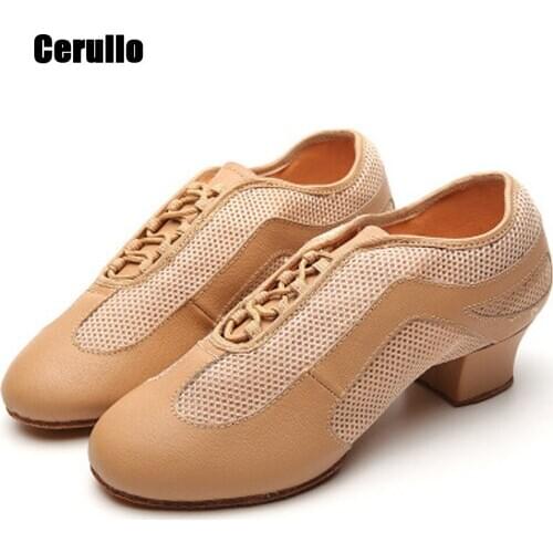 Yoga Ballroom Dancing Shoes Female Leather Soft Bottom Ballet Shoes Practicing Laces With Ethnic Dance Shoes heel 5/3.5/1cm A292
