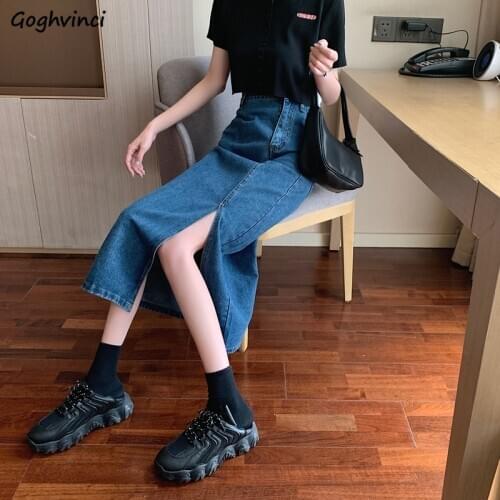 Denim Skirts Women Slide-slit Leisure Chic Retro Slim Sexy High Waist Loose Summer Womens All-match Long Skirt Harajuku Ulzzang