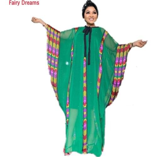 African Womens Clothing Plus Size Dress 2 Piece Set Green Long Chiffon Digital Printing with Inner Elegant Ladies Clothes Robe