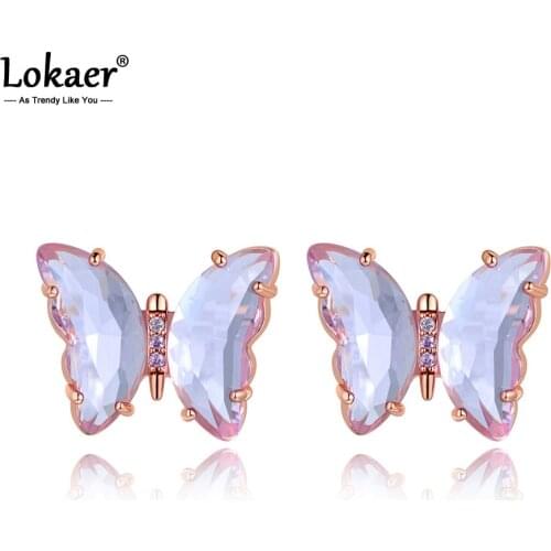 Lokaer Trendy Stainless Steel White/Purple Cubic Zirconia Butterfly Animal Earrings For Women CZ Crystl Earrings Jewelry E20134