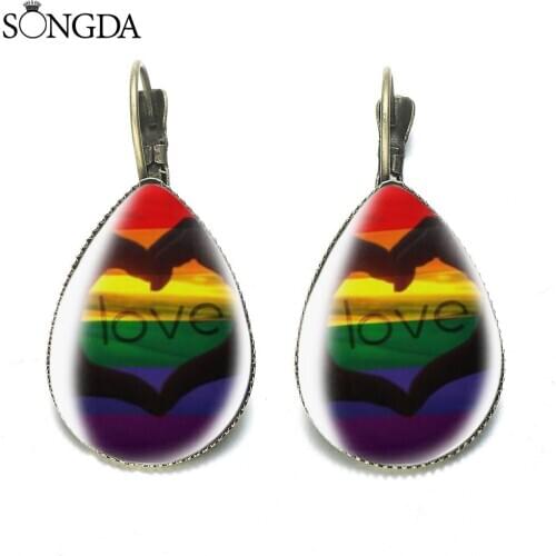 Rainbow LGBT Flag for Lesbian Gay Pride Teardrop Hook Earrings Anti-discrimination Cartoon Art Pattern Glass Couple Jewelry Gift