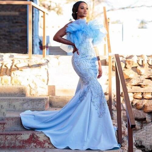 Plus Size Mermaid Evening Dresses Jewel Neck Beaded Ruffles Lace Crystal African Prom Dress vestidos de fiesta de noche largos