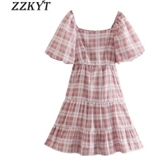 ZZKYT 2021 Women Summer Fashion Sweet Plaid Bow Tie Mini Dress Vintage Square Collar Puff Sleeve Female Party Dresses Vestidos