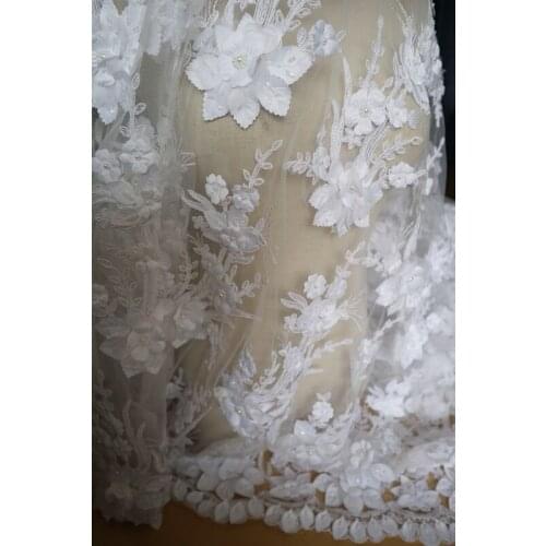 6 yards big white 3D floral lace fabric, 3D beads flowers lace appliques mesh embroidered lace fabric for bridal wedding fabrics