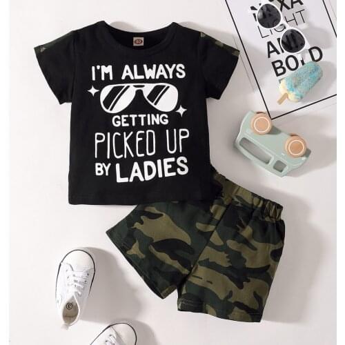 2 Pieces Kids Suit Set Letter Print O-Neck Short Sleeve Tops+ Camouflage High Waist Shorts for Boys Black 1-5 Years