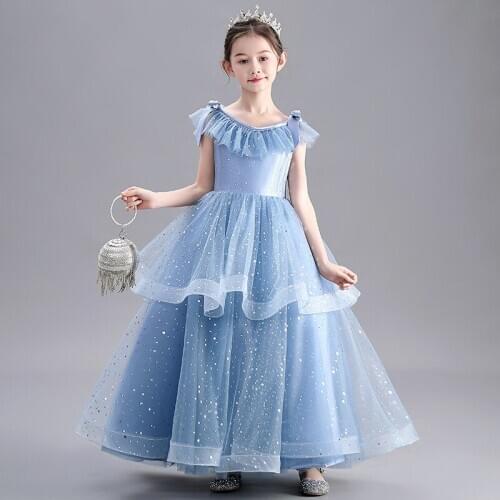 Flower Girl Dresses Princess Luxury Blue O-Neck Sleeveless Sequined Bow Floor-Length Lace Tulle Ball Gown Kids Party Skirt H046