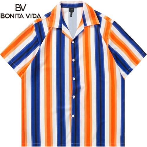 Bonita Vida Colorful Stripe Printed Hawaiian Short Sleeve Shirts For Men Summer Hip Hop Casual Fashion Beach Shirts Streetwear