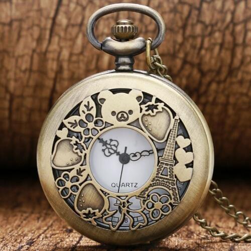 Cute Hollow Rilakkuma Paris Eiffel Tower Pattern Necklace Chain Quartz Fashion Pocket Watch Gift for Men Woman Reloj De Bolsillo