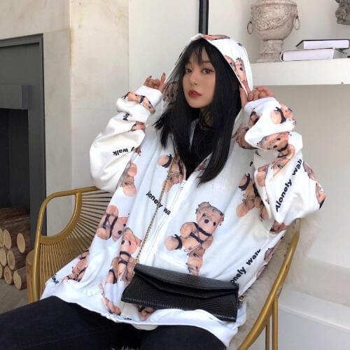 Fashion Cute Girls Bear Print Sweatshirts Loose Tracksuit Hoodies Jacket Zipper Hoodie Coat Women Autumn Winter Casual Female