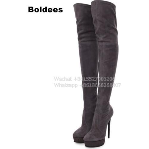 Fashion Grey Black Stretch Fabric Suede leather Thin High Heel Boots Women Over The Knee Platform elastic thigh high booty
