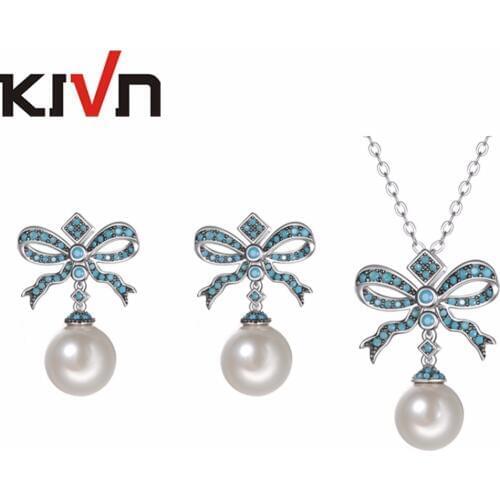 KIVN Womens Fashion Jewelry Set Bow Ribbon CZ Cubic Zirconia Simulated Pearl Earring Necklace Jewelry Set Mothers Birthday Gifts