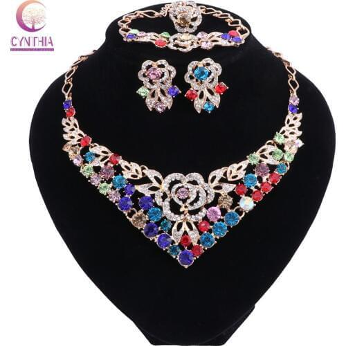 Flower Crystal Wedding Bridal Jewelry Sets Gold Color Rhinestone Wedding Jewelry Necklace Sets for Women
