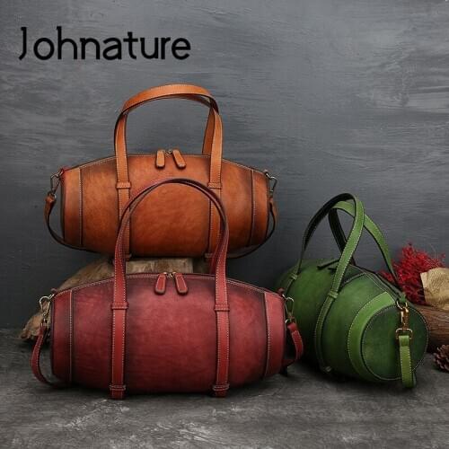 Johnature Retro Handmade Luxury Women Cowhide Handbag 2020 New Genuine Leather Bucket Totes Large Capacity Ladies Shoulder Bags