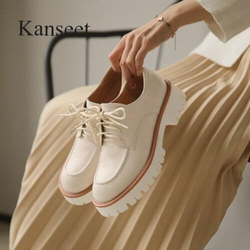Kanseet Platform 2021 New High Quality Lace-Up Genuine Leather Round Toe Woman Shoes Chunky Heel Casual Female Footwear Beige 40