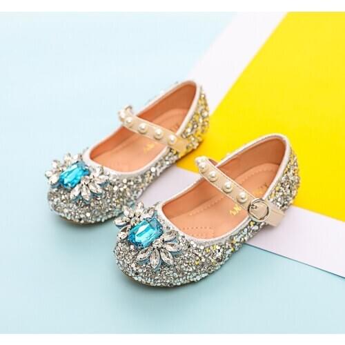 Girls Princess Shoes 2021 Spring Autumn Children Party Shoes Sequin Bowknot Pearl Soft Comfortable Kids Flat Shoes E749