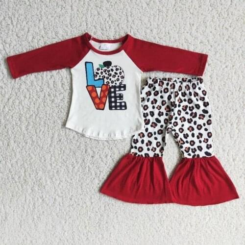 Wholesale Baby Girl Thanksgiving Clothing Red Long Sleeve Love Pumpkin Shirt Leopard Bells Pants Set Kid Outfit Boutique Clothes