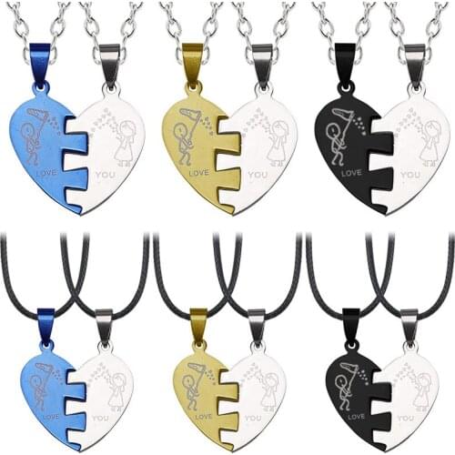 Lovers Necklace 2-piece Stainless Steel Chain Heart Pendant Blue Gold Black Optional Fashion Jewelry Gift Direct Sales