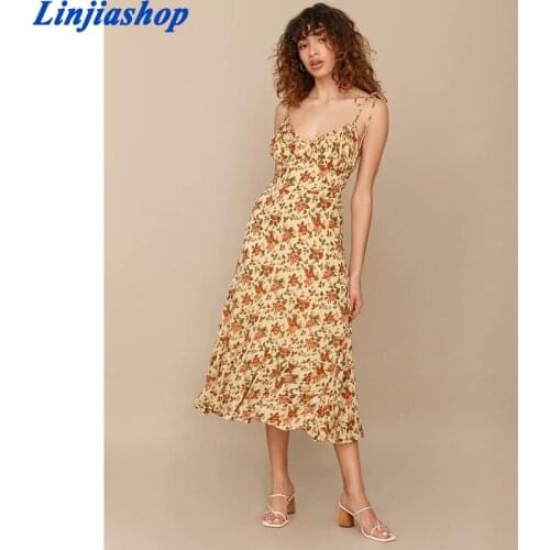 Spring summer women dress floral print spaghetti straps v neck backless sexy beach boho long dress with ruffles mujer