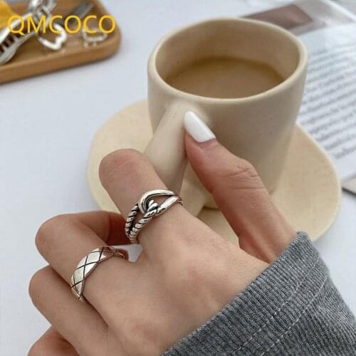 QMCOCO Korea Double Knotted Diamond-Shape Lattice 925 Silver Opening Index Finger Ring Woman Fshion Individual Character INS Tre