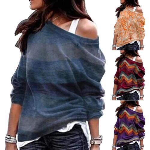 Sexy Women Geometric Print Single Off-shoulder Long Sleeve Pullover Blouse Female Streetwear Top Gift t shirt women